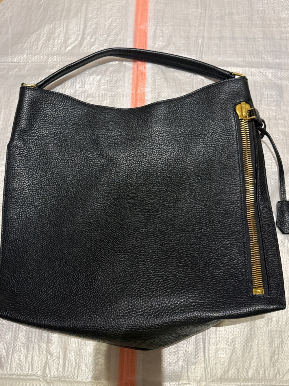 Tom Ford | Black Tote Pebbled Calfskin Leather Shoulder Bag with Gold Zip Detail